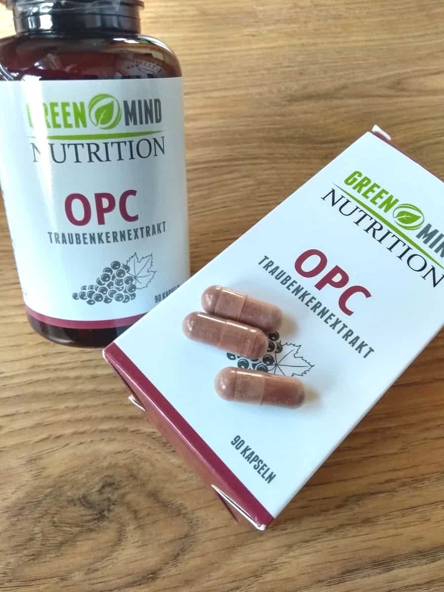 A_Premium-OPC-Dose Verpackung und Glas Green Mind OPC Kapseln