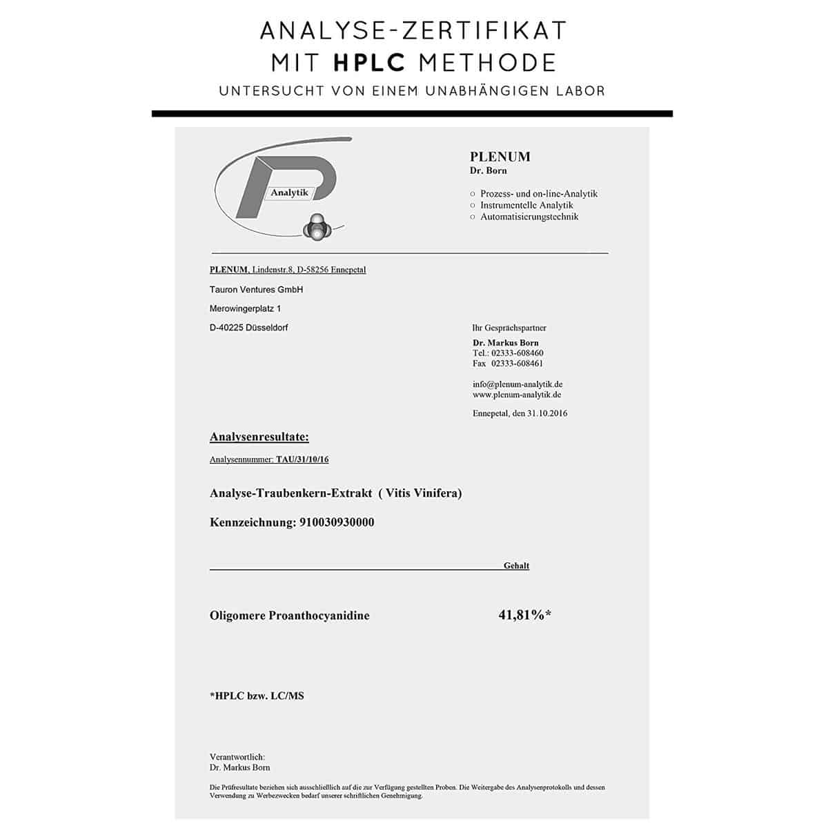 Analysezertifikat vom OPC Kapseln Testsieger von Nature Love