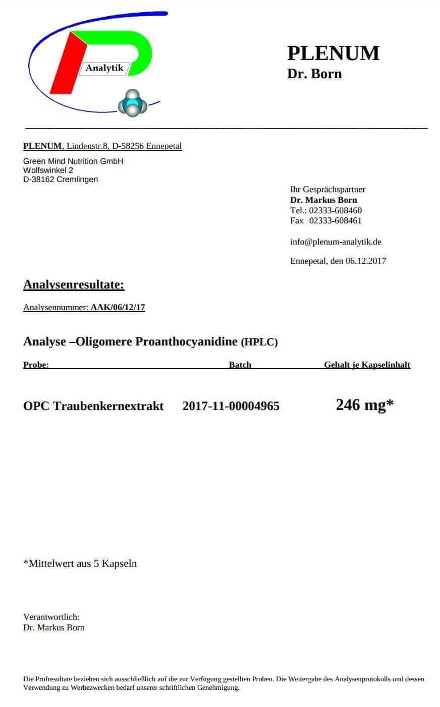 Analysezertifikat zum OPC Gehalt der Green Mind OPC Kapseln