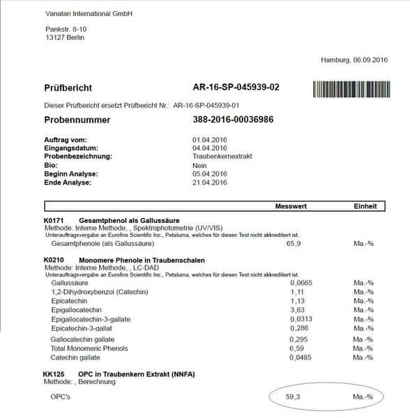 OPC Traubenkernextrakt 400 mg Analyse